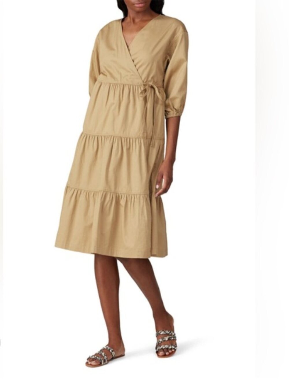 Sweet Baby Jane Tan Wrap Tiered Midi Dress with Tie Waist